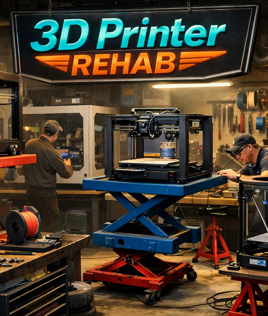A mechanics-style shop repairing multiple 3D printer types under a large '3D Printer REHAB' sign.